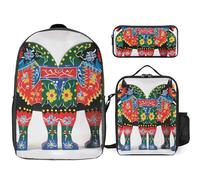 3 Piece Backpack for Women Men Lightweight Causal Daypack Shoulder Bag Set with Insulated Lunch Bag And Pencil Case Organizers Runner Swedish Dala Horse Folk