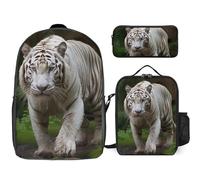 3 Piece Backpack for Women Men Lightweight Causal Daypack Shoulder Bag Set with Insulated Lunch Bag And Pencil Case Organizers Majestic White Bengal Tiger