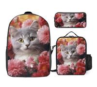 3 Piece Backpack for Women Men Lightweight Causal Daypack Shoulder Bag Set with Insulated Lunch Bag And Pencil Case Organizers Cat in Flowers, Style, One Size