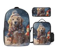 3 Piece Backpack for Women Men Lightweight Causal Daypack Shoulder Bag Set with Insulated Lunch Bag And Pencil Case Organizers Merry Christmas Cute Dog Snowman