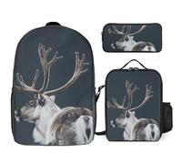 3 Piece Backpack for Women Men Lightweight Causal Daypack Shoulder Bag Set with Insulated Lunch Bag And Pencil Case Organizers A Reindeer Standing