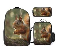 3 Piece Backpack for Women Men Lightweight Causal Daypack Shoulder Bag Set with Insulated Lunch Bag And Pencil Case Organizers Wildlife Squirrel
