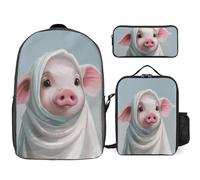 3 Piece Backpack for Women Men Lightweight Causal Daypack Shoulder Bag Set with Insulated Lunch Bag And Pencil Case Organizers Wearing White Headscarf, Style, One Size