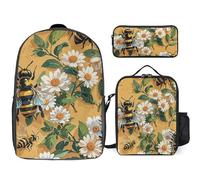 3 Piece Backpack for Women Men Lightweight Causal Daypack Shoulder Bag Set with Insulated Lunch Bag And Pencil Case Organizers Spring Summer Bee