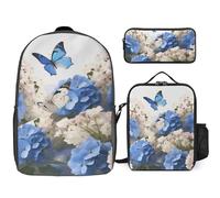 3 Piece Backpack for Women Men Lightweight Causal Daypack Shoulder Bag Set with Insulated Lunch Bag And Pencil Case Organizers Hydrangeas Daisies Butterflies