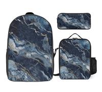 3 Piece Backpack for Women Men Lightweight Causal Daypack Shoulder Bag Set with Insulated Lunch Bag And Pencil Case Organizers Marble Navy Blue Mixed