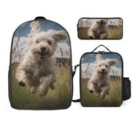 3 Piece Backpack for Women Men Lightweight Causal Daypack Shoulder Bag Set with Insulated Lunch Bag And Pencil Case Organizers White Dog in The Field, Style, One Size