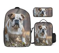 3 Piece Backpack for Women Men Lightweight Causal Daypack Shoulder Bag Set with Insulated Lunch Bag And Pencil Case Organizers English Bulldogs