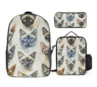 3 Piece Backpack for Women Men Lightweight Causal Daypack Shoulder Bag Set with Insulated Lunch Bag And Pencil Case Organizers Various Cat Breeds