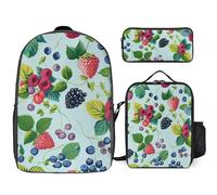 3 Piece Backpack for Women Men Lightweight Causal Daypack Shoulder Bag Set with Insulated Lunch Bag And Pencil Case Organizers Various Berry Paintings