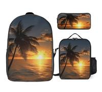 3 Piece Backpack for Women Men Lightweight Causal Daypack Shoulder Bag Set with Insulated Lunch Bag And Pencil Case Organizers Sunset Palm Tree