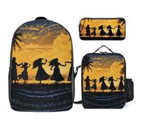 3 Piece Backpack for Women Men Lightweight Causal Daypack Shoulder Bag Set with Insulated Lunch Bag And Pencil Case Organizers Five Silhouettes of Hawaiian Dance