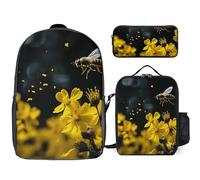 3 Piece Backpack for Women Men Lightweight Causal Daypack Shoulder Bag Set with Insulated Lunch Bag And Pencil Case Organizers Bees Flying over Flowers