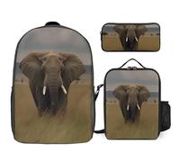 3 Piece Backpack for Women Men Lightweight Causal Daypack Shoulder Bag Set with Insulated Lunch Bag And Pencil Case Organizers Elephant in The Grass