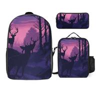 3 Piece Backpack for Women Men Lightweight Causal Daypack Shoulder Bag Set with Insulated Lunch Bag And Pencil Case Organizers Deer Silhouette