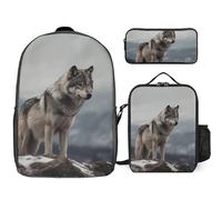 3 Piece Backpack for Women Men Lightweight Causal Daypack Shoulder Bag Set with Insulated Lunch Bag And Pencil Case Organizers Wolf on The Mountain