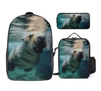 3 Piece Backpack for Women Men Lightweight Causal Daypack Shoulder Bag Set with Insulated Lunch Bag And Pencil Case Organizers Funny Sea Lion