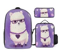 3 Piece Backpack for Women Men Lightweight Causal Daypack Shoulder Bag Set with Insulated Lunch Bag And Pencil Case Organizers Love Alpaca Purple
