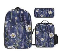 3 Piece Backpack for Women Men Lightweight Causal Daypack Shoulder Bag Set with Insulated Lunch Bag And Pencil Case Organizers Lavender And Daisies