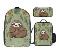 3 Piece Backpack for Women Men Lightweight Causal Daypack Shoulder Bag Set with Insulated Lunch Bag And Pencil Case Organizers Sloth on The Grass