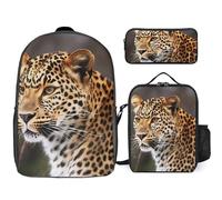 3 Piece Backpack for Women Men Lightweight Causal Daypack Shoulder Bag Set with Insulated Lunch Bag And Pencil Case Organizers Leopard5