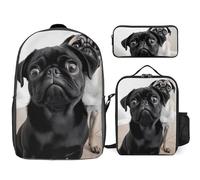 3 Piece Backpack for Women Men Lightweight Causal Daypack Shoulder Bag Set with Insulated Lunch Bag And Pencil Case Organizers Cute Black Pug Dog
