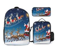 3 Piece Backpack for Women Men Lightweight Causal Daypack Shoulder Bag Set with Insulated Lunch Bag And Pencil Case Organizers Merry Christmas Santa Claus Reindeer Sled, Style, One Size