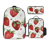 3 Piece Backpack for Women Men Lightweight Causal Daypack Shoulder Bag Set with Insulated Lunch Bag And Pencil Case Organizers Red Strawberry Flower, Style, One Size