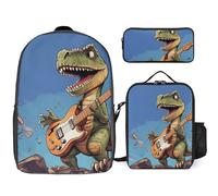 3 Piece Backpack for Women Men Lightweight Causal Daypack Shoulder Bag Set with Insulated Lunch Bag And Pencil Case Organizers Dinosaur Playing Guitar