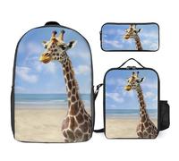 3 Piece Backpack for Women Men Lightweight Causal Daypack Shoulder Bag Set with Insulated Lunch Bag And Pencil Case Organizers Beach Giraffe