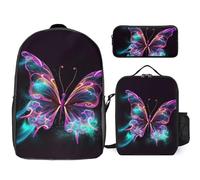 3 Piece Backpack for Women Men Lightweight Causal Daypack Shoulder Bag Set with Insulated Lunch Bag And Pencil Case Organizers Neon Butterfly