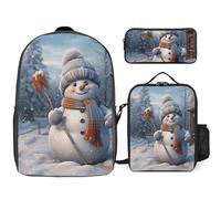 3 Piece Backpack for Women Men Lightweight Causal Daypack Shoulder Bag Set with Insulated Lunch Bag And Pencil Case Organizers Hardworking Snowman