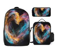 3 Piece Backpack for Women Men Lightweight Causal Daypack Shoulder Bag Set with Insulated Lunch Bag And Pencil Case Organizers Bright Heart Shape