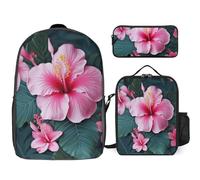 3 Piece Backpack for Women Men Lightweight Causal Daypack Shoulder Bag Set with Insulated Lunch Bag And Pencil Case Organizers Hawaii Flower