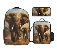 3 Piece Backpack for Women Men Lightweight Causal Daypack Shoulder Bag Set with Insulated Lunch Bag And Pencil Case Organizers Elephant Animals