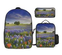 3 Piece Backpack for Women Men Lightweight Causal Daypack Shoulder Bag Set with Insulated Lunch Bag And Pencil Case Organizers Texas Bluebonnets Scenery