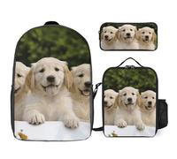 3 Piece Backpack for Women Men Lightweight Causal Daypack Shoulder Bag Set with Insulated Lunch Bag And Pencil Case Organizers Golden Retriever Puppies