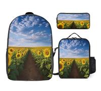 3 Piece Backpack for Women Men Lightweight Causal Daypack Shoulder Bag Set with Insulated Lunch Bag And Pencil Case Organizers Field of Blooming Sunflowers