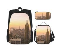 3-Piece Backpack Set, Empire State Building, Water-Resistant Schoolbag, Insulated Lunch Bag, Large Capacity Pencil Case, School Bags For Travel Office & Outdoor Activities, 3-In-1 Backpack Set