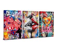 3 Piece Banksy Canvas Wall Art Graffiti Wall Decor Abstract Colorful Wall Pictures for Living Room Pop Art Street Artist Painting Modern Love Sign Posters Artwork Teens Bedroom Home Decorations 12x16”