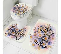 3 Piece Bath Mat Set Spring Flowers Country Watercolor Wildflowers Herbs Bathroom Mat Set Novelty Anti-Slip Contour Rug Set, For Bedroom, Indoor, Outdoor