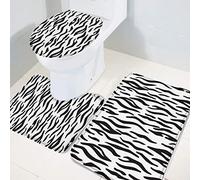3 Piece Bath Mat Set Zebra Animal Safari Skin White And Black Leaves Strip With Rubber Backing Bath Mat+Contour+Toilet Lid Cover Durable Toilet Lid Cover Mat For Floor Tub Toilet Bathroom