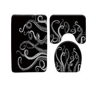 3 Piece Bath Rugs Set,Octopus Tentacles Nautical Decor Octopus Ocean Kraken Costal Marine Monster Bathroom Carpet Water Absorbent U-Shape Contour Rug Mat Toilet Lid Cover for Bath