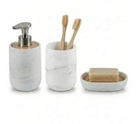 3-Piece Bathroom Accessories Set, Soap Dispenser, Tumbler & Soap Dish | White marble effect resin and bamboo, zinc alloy pump, modern rust-proof design, toothbrush cup