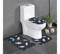 3-Piece Bathroom Anti-Slip Mat Set - 24x16in WHJDPP Cartoon Rocket Launch Direction Printed Rectangular, U-Shaped & O-Shaped Rugs for Toilet, Vanity & Bath