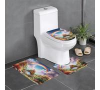 3-Piece Bathroom Anti-Slip Mat Set - 24x16in WHJDPP Little World Under The Rainbow Printed Rectangular, U-Shaped & O-Shaped Rugs for Toilet, Vanity & Bath