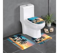 3-Piece Bathroom Anti-Slip Mat Set - 24x16in WHJDPP Sunset Ocean with Tropical Palm Trees Twilight Scenery Printed Rectangular, U-Shaped & O-Shaped Rugs for Toilet, Vanity & Bath
