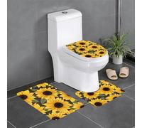 3-Piece Bathroom Anti-Slip Mat Set - 24x16in WHJDPP Yellow Sunflowers Printed Rectangular, U-Shaped & O-Shaped Rugs for Toilet, Vanity & Bath