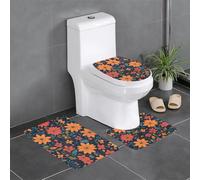 3-Piece Bathroom Anti-Slip Mat Set - 24x16in WHJSHOP Bright Flowers Picture Rectangular, U-Shaped & O-Shaped Rugs for Toilet, Vanity & Bath