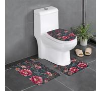3-Piece Bathroom Anti-Slip Mat Set - 24x16in WHJSSF Exotic Style Floral Pattern Rectangular, U-Shaped & O-Shaped Rugs for Toilet, Vanity & Bath